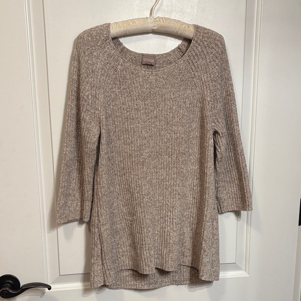 Chico's Women's Heathered Tan Crew Neck Sweater Size Small Lagenlook.